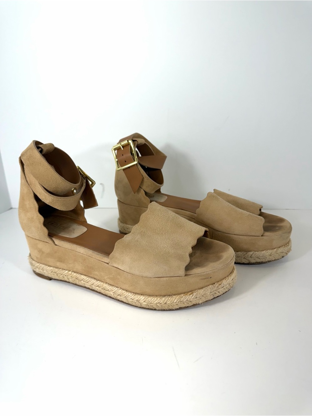 Chloé Laurena Suede Scalloped Espadrille Wedge Sandals - Tan Neutral, Size 39